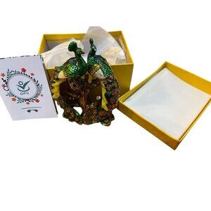 Peacock Blue Gold Enameled Metal Hinged Trinket Box Crystals Gift Boxed